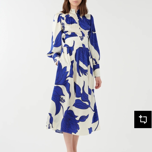 Dea Kudibal Alondradea Blue White Black Silk Satin Women's Fitted Midi Dress - Picture 3 of 17